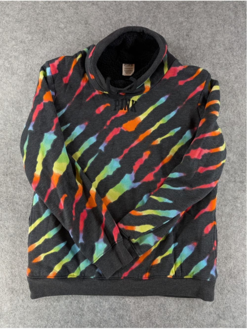 Victoria's Secret PINK Rainbow Tie Dye Sherpa-Lined Pullover Cowl Neck Size XS